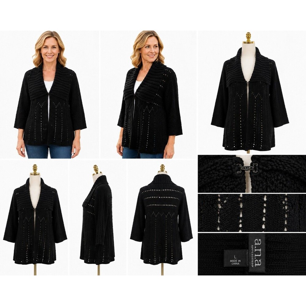 Ana Knit Open Front Cardigan Sweater Women's Large Long Sleeve Navy Blue